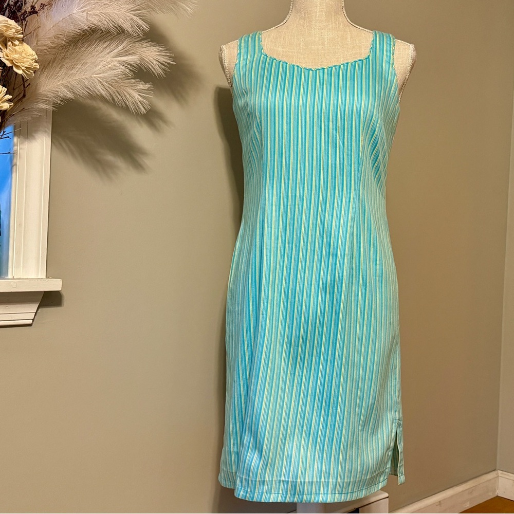 Talbots Petites Dress Sleeveless Fitted Lined Vertical Stripe Aqua XS 0 2